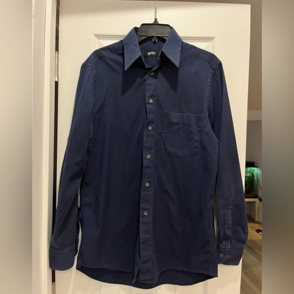 Hugo Boss Men Navy Button Up Shirt Slim Fit Cotton Dress Shirt Size  37